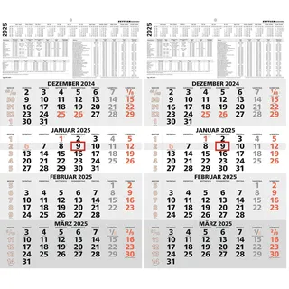 Zettler - 4-Monatskalender 2025 rot, 33x45cm, Bürokalender mit Jahresübersicht, Datumsschieber, faltbar, 4 Monate auf einen Blick, Feiertage DE /Ferientermine DE/AT/CH und deutsches Kalendarium