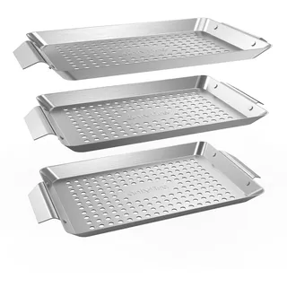 Onlyfire Grillschale Edelstahl, Rechteckiger Grillkorb Set für Fleisch, Gemüse und Fisch, Mini Grillschalen für Gasgrill Zubehör, Gelochte Grillpfanne, 32 x 18,5 x 1,7 cm