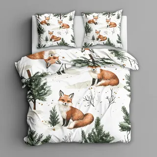 Generisch Bettwäsche 135x200 Fuchs Kinder, Grün Waldtiere Bettbezug 135x200 2 Teilig, Weich mikrofaser Bettwäsche Set mit Reißverschluss und 1 Kissenbezüge 80x80cm, Schlafzimmer Deko Fuchs