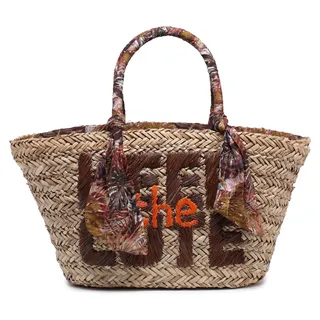 Rattan Shopper Tasche Damen mit Reißverschluss Boho Chic Tote Bag Pink UNICA 54x26x16 cm - Braun