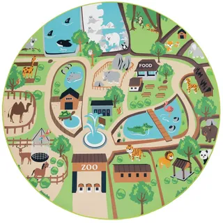 Paco Home Kinderteppich, für Kinderzimmer Spiel-Teppich, Zoo Mit Tiger, Bär, Löwe, Bunt ø 160 cm Rund,