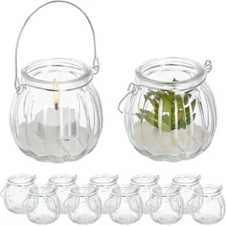 Relaxdays Windlicht Glas, 12er Set, Teelichthalter mit silbernem Henkel, HxD: 7,5 x 8 cm, Kerzenglas, rund, transparent