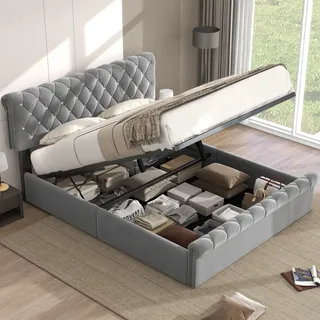 okwish Polsterbett 140 x 200 cm, Doppelbett mit höhenverstellbares Kopfteil, hydraulisches Funktionsbett, Samt, Bett im europäischen Stil,Grau - Grau