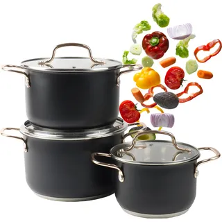 Topfset 6-Teilig Kochtopfset Töpfe Kochtopf Kochset Edelstahl Mit Deckel Schwarz - Schwarz