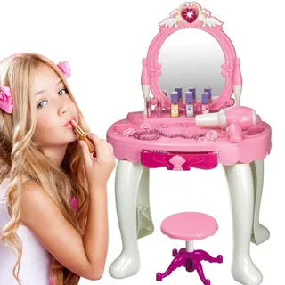 BAKAJI Make-Up Tischspiegel Spielzeug für Kinder Schminktisch Tänzer mit Hocker Lichter Sounds Haartrockner Batteriebetrieben und Zubehör Spiel Größe 45 * 32 * 72 cm