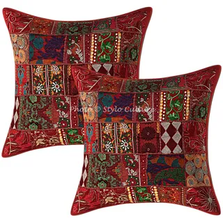 Stylo Culture Ethnisch Dekorativ Baumwolle Couch Kissenbezüge 60x60 cm Kastanienbraun Dekokissen Vintage Patchwork Schlafzimmer Sofa Kissen Bezüge Abstrakt Quadrat Kissenhullen - 2 STK.