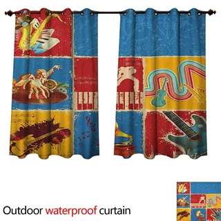 Anshesix Music Outdoor Balcony Privacy Curtain Retro Collage Illustration of Different Instruments Guitar Violin Jazz Pop Art Boho W96 x L72(245cm x 183cm)