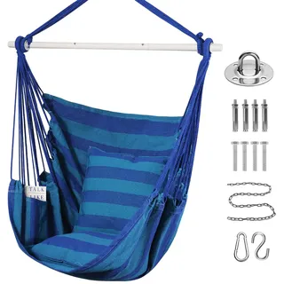 Goutime Schaukel Stuhl Große Hängematte Stuhl Weiche Baumwolle mit 2 Sitzkissen Kissen mit Tragetasche für Innen-/Außen-/Schlafzimmer Patio Garten Balkon, 330 Lbs (Blauer Streifen)