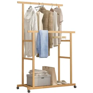 unho Garderobenständer Bambus Kleiderständer mit Rollen, mit 2 Kleiderstange Ablage, Doppelkleiderständer mit zwei Kleiderstangen Kleiderständer auf Rollen