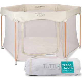 Tutti Bambini Laufstall Baby Faltbar - Baby Playpen mit 360°-Netzwänden, Schnellklappmechanismus, Reißverschlusstür, Bodenmatte & Tragetasche, 135 x 135 x 75 cm (Ecru)