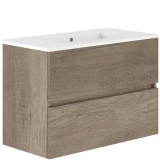 Baikal, Natura Badezimmerschrank mit reduziertem Boden, mit Keramikwaschbecken, Aufteilung Zwei Schubladen, Zwei Schubladen, ohne Spiegel, Boden 39 cm, 90 cm, Nebraska