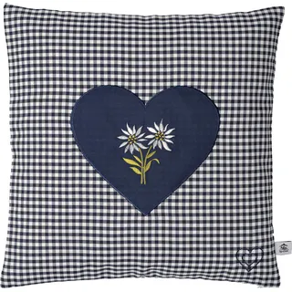 Zirbenkissen Bestickt mit Herz und Edelweiss blau karriert Größe 40x40 cm befüllt mit Zirbenflocken aus Zirbenholz in extra Inlett