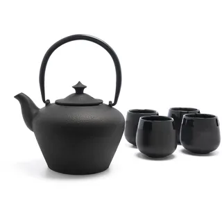 gusseiserne Teekanne 1.0 Liter & 4 Porzellan Teebecher 5er Set