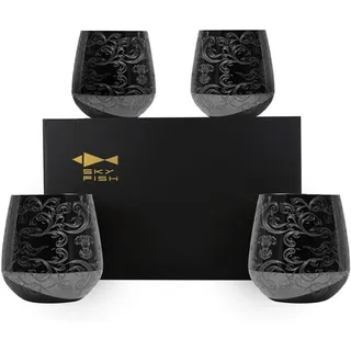 SKY FISH Stiellose Weingläser aus Edelstahl, Geätzte Edelstahl-Gläser, 4 Stück Gin Gläser, 500ml, Handwäsche, Schwarz