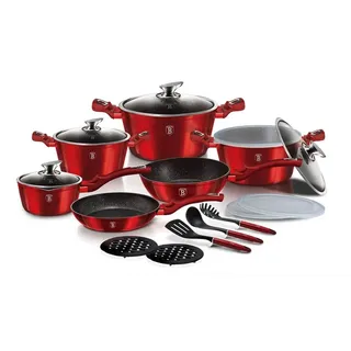 Berlinger Haus Metallic Line Topf-Set 14-tlg. 4 x Kochtopf + 2 x Bratpfanne + 3 x Küchenutensilien + 2 x Untersetzer + 3 x Kunstoffdeckel burgundy