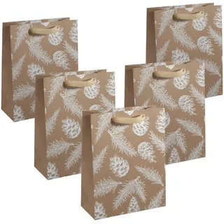 Sigel GT120/5 große Premium Geschenktüten aus Papier, 5er Set, braun/weiß, mit Seidenbandgriffen, 26 x 33 x 12 cm, Pine cones and pine branches, Papier-Geschenktaschen Weihnachten