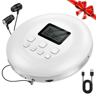 Gueray Tragbarer CD Player Tragbar CD Players Kinder CD-Player HiFi Discman mit Kopfhörer LCD-Display Unterstützung ASP PROG Speicherfunktion Repeat-Funktion BASS Effet Weiß