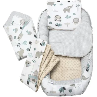 Medi Partners Babynest Nestchen Baby Set für Neugeborene - 100x60x15 Kuschelnest 5 teilig tragbar Nest zweiseitig Babynestchen Bett 100% Baumwolle (Mint Zoo mit beige Minky)