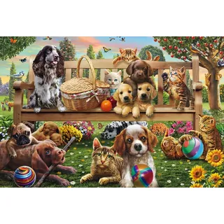 Schmidt Spiele 56534 Gartenpicknick für Hund und Katze, 200 Teile Kinderpuzzle aus Graspappe