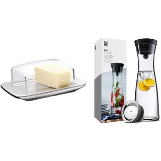 WMF loft Brunch Butterdose Edelstahl 11,5 x 16,8 cm & Basic Wasserkaraffe aus Glas, 1 Liter, Glaskaraffe mit Deckel, Silikondeckel, CloseUp-Verschluss