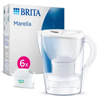 BRITA Wasserfilter Kanne Marella weiß (2,4l) inkl. 6x MAXTRA PRO All-in-1 Kartusche (Halbjahrespaket) – Wasserfilter reduziert Kalk, Chlor, Blei, Kupfer & geschmacksstörenden Stoffen im Leitungswasser