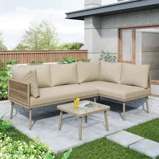Flieks Gartenlounge Set für 4 Personen, Gartenmöbel Sets mit Seildesign, Terassenmöbel Set aus Eisenrahmen, Balkonmöbel Set L-Förmig mit Kissen, Khaki - Braun