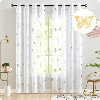 Treatmentex Vorhänge Transparent Gardinen mit Ösen Gold Schmetterling Druck Gardinen Voile Dekoschal Ösenvorhang für Mädchenzimmer, Kinderzimmer, Babyzimmer-2 Stücke(Weiß,140 x 225 cm)