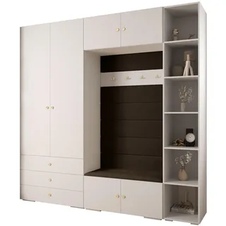 Abiks Möbel Garderoben-Set 236,7/240/47 , Weiß, Braun, Goldfarben , Metall , Nachbildung , 13 Fächer , 240x236.7x47 cm , Garderobe, Garderoben-Sets & Garderoben-Serien, Garderoben-Sets