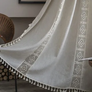 Tospass Vintage Landhausstil Häkeln Stricken Vorhang Boho Bohemien Vorhänge Aushöhlen Quaste 2 Stück Gardinen Outdoor Leinen Baumwolle Gardienen für Wohnzimmer Schlafzimmer Curtains 150x240 cm Beige