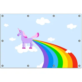 Wallario Outdoor-Poster für Garten oder Balkon, Motiv Einhorn mit Regenbogen aus dem Hintern, in ca. 80 x 120 cm - Blau