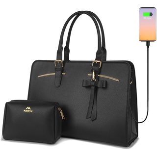 MATEIN Laptop Handtasche Damen, Business Taschen Damen Leder Aktentasche 15.6 Zoll Laptoptasche Elegant Mittelgroß Arbeitstasche Damen Büro Schule Taschen Shopper Handbags for Women, Frauen, Schwarz