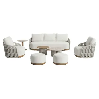 Sessel-Sofa Loungeset Marbella | Wood | 8-Teilig | Natural Bouclé/Stone Cord | Aluminium und Rope
