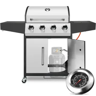 Gasgrill für Erdgas - 4+1 Brenner Grillwagen - 4x2,93 kW Hauptbrenner - 2,33 kW Seitenbrenner - Große Grillfläche Außenbereich - Edelstahl - Silber
