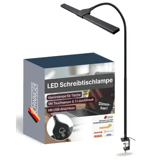 SCHWAIGER LED Schreibtischlampe I Dimmbare Klemmlampe für Tische I mit Schwanenhals & Touchsensor I 3 Lichtmodi I LED Tischleuchte mit USB-Anschluss für Büro & Home Office