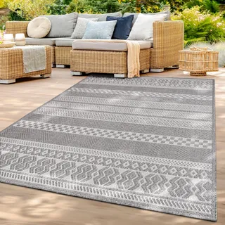 TT Home In-& Outdoor Teppich Wetterfest Balkon Küche Wohnzimmer Boho Rauten Design Größe 200 cm Rund - Weiß