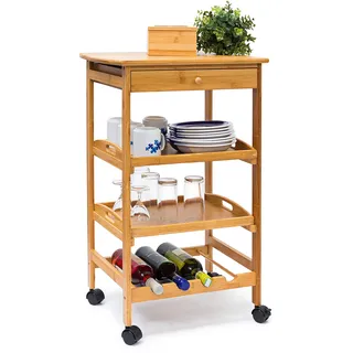 Relaxdays Küchenrollwagen James L HxBxT: 80,5x50x37 cm Bambus mit Schublade und 2 Tabletts als rollbarer Küchenwagen mit Flaschenregal bzw. Weinregal aus Holz mit Ablage für Teller, natur