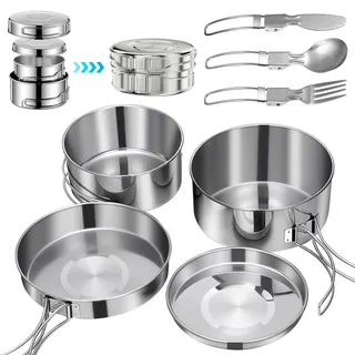 Camping Kochgeschirr Set Outdoor 2-3 Personen Edelstahl Topf mit Geschirr Kochtopf Faltbare Campinggeschirr Pot Plate für Picknick Backpacking Camping Wandern (7-teiligtes) (7-teiligtes)