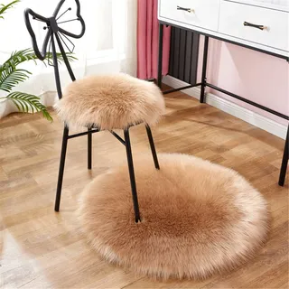 SWECOMZE Rund Faux Lammfell Sitzkissen, Schaffell Sitzauflage Longhair Fell Optik Nachahmung Wolle Sofa Matte Teppich (Khaki,30 * 30cm)