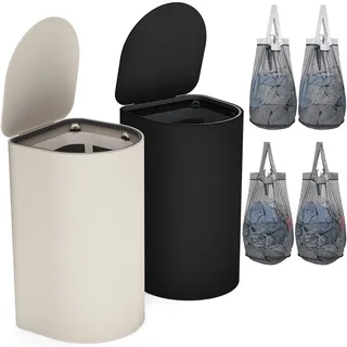 HELLKOPF 2er Pack Wäschekorb mit Deckel 140L Groß Kapazität - Wäschesammler mit 2 Fächer zum Sortieren der Schmutzwäsche, 4 Abnehmbar Innensäcke, Laundry Baskets und Einfach zu Montieren, SchwarzBeige