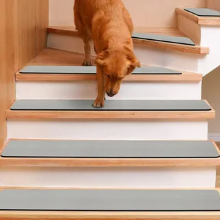 GOYLSER Treppenstufen Matten Stufenmatten Anti-Rutsch Treppenmatten Selbstklebend Treppenteppich Rechteckig Rutschschutz Stufenteppich Treppenvorleger für Kinder Haustiere Grau (76x20cm 15 Stück)