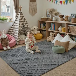PureCozy Teppich 120x180cm Grau Wohnzimmer Schlafzimmer Flauschiger Teppiche Waschbarer Weich Groß Fellteppich Carpet Modern rutschfest Esszimmer BüRo 3D Effect Rautenmuster Faux Fur