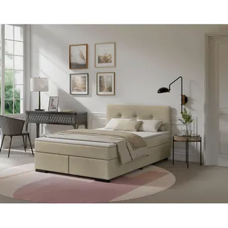 Mid.you Boxspringbett , Beige , Textil , Kiefer , massiv , H3 , Höhe ca. 17 cm , 120x200 cm , Stoffauswahl, Topper durchgehend, in verschiedenen Größen erhältlich , Holzmöbel, Holzbetten, Boxspringbetten Holz