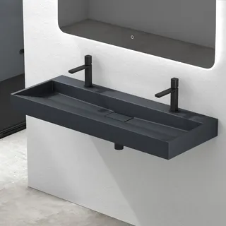 Mai & Mai Waschbecken Matt Anthrazit Aufsatzwaschbecken Hängewaschtisch inkl. Ablaufgarnitur Mineralguss Rechteckig Waschplatz 2-Armaturenloch Breite: 120cm