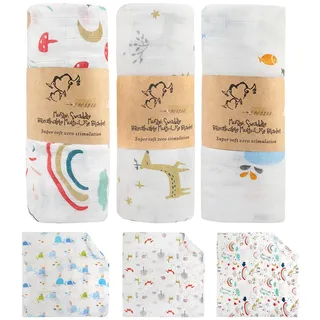BelleStyle Swaddles Pucksack Baby 0-3 Monate, Größe 120 x 120 cm Weiche Bambus Baumwolle Musselin Babydecke Decken Pucktuch Wrap Baby Duschgeschenk für Neugeborene Junge Mädchen - 3 Stück