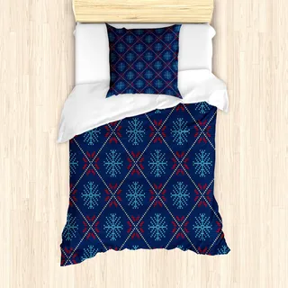 ABAKUHAUS nordisch Mantele, Vintage Schneeflockemotiven, Milbensicher Allergiker geeignet mit Kissenbezügen, 135 cm x 200 cm - 80 x 80 cm, Blau Beige Scarlet - Blau