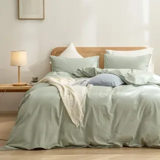 BESTOUCH Bettbezug-Set, 100% Gewaschene Baumwolle, Leinen, fühlt Sich super weich bequem schick leicht 3-teiliges Bettwäsche-Set für Zuhause, Salbeigrün, für Doppelbett
