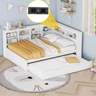 okwish Schlafsofa Daybett 140x200cm mit Ausziehbarem Unterbett 90x190cm und Lattenrost, Tagesbett Kinderbett Jugendbett aus Holz mit USB-Steckdose und mehreren Ablagefächern(Ohne Matratze)- Weiß - Weiß