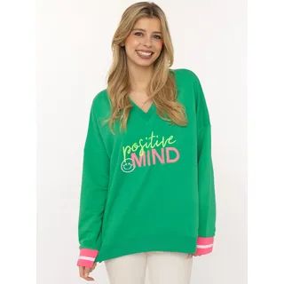 Hoodie ZWILLINGSHERZ "Positive Mind", Damen, Gr. XXL/XXXL, grün, Sweatware, Obermaterial: 50% Baumwolle, 50% Polyester, bequem hüftlang, V-Ausschnitt, Sweatshirts Hoodie, neonfarbenen Bündchen, V-Ausschnitt, Seitenschlitze, Langarm