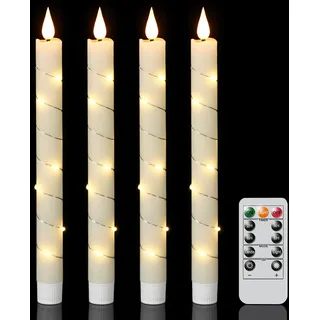 Eldnacele LED Stabkerzen mit Lichterkette, 4er Set mit Timerfunktion | Echtwachskerzen mit Fernbedienung, elektrische Kerzen, elfenbeinfarben, Ø 2 × 25 cm, flackernd, Hochzeit, Weihnachtsdeko