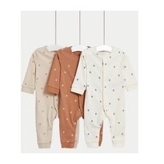Girls M&S Collection 3pk Pure Cotton Flower Sleepsuits (61⁄2lbs-3 Yrs) - Sandstone, Sandstone - 9-12M